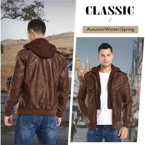 Men's Faux Leather Jacket Stand Collar Motorcycle Bomber Jackets Removable Hood - Picture 5 of 6